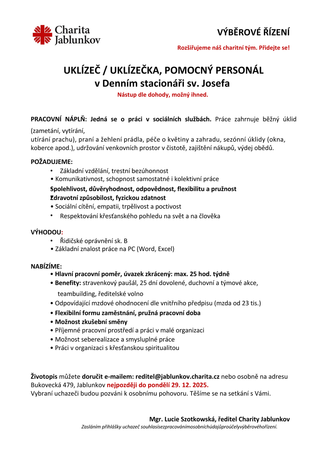 Uklízečka, pomocný personál